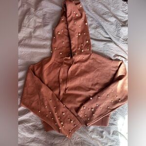 Zara Knit Pearl Embellished Cropped Hoodie Pink Blush Pullover Sweatshirt XS